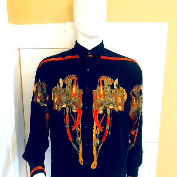 VINTAGE KBB Shirt Men M Black  Button Lightweight Band Collar 80’s Prints - Picture 15 of 15